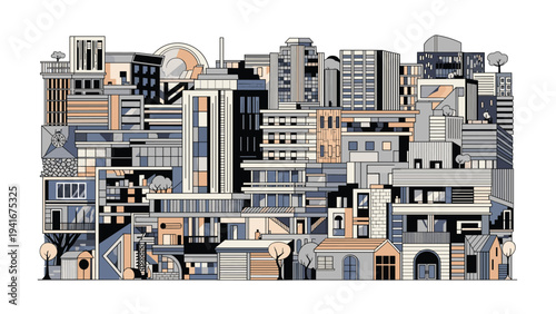 Detailed cityscape illustration featuring a dense collection of modern and traditional buildings, representing urban development, architecture, and city life.
