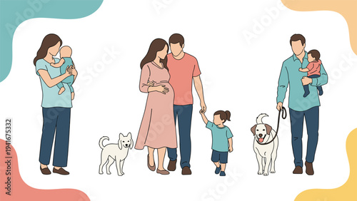 Collection of diverse family units with babies, children, and dogs, symbolizing family life, parenthood, and loving relationships.