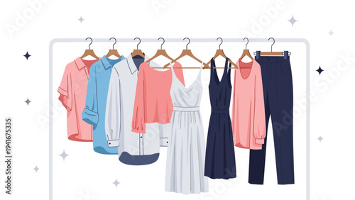 Collection of stylish clothes displayed on a rack, including dresses, shirts, and pants, representing fashion, apparel, and wardrobe essentials.