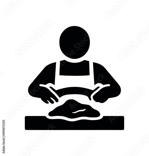 Bold silhouette icon of a person wearing an apron pressing and shaping dough on a countertop.