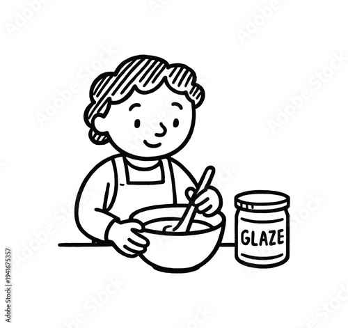 Simple black line icon of a person stirring a bowl labeled as glaze nearby, representing pottery preparation, craft mixing, or ceramic glazing activity.
