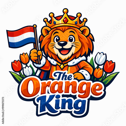 Orange king lion mascot illustration with crown, Dutch flag, and tulips, celebrating Netherlands pride, royalty, festival spirit, national colors, joy, and festive identity