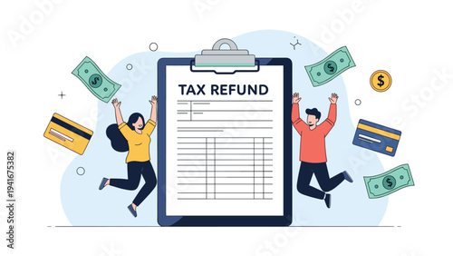 Happy couple jumping with joy next to a large tax refund document, surrounded by money and credit cards, symbolizing financial relief and successful tax filing.