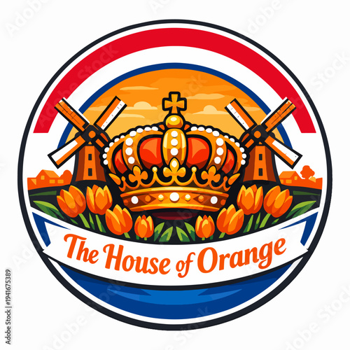 House of Orange royal emblem with crown, tulips, windmills, and Dutch colors, representing Netherlands monarchy, heritage, celebration, national pride, and iconic symbolism