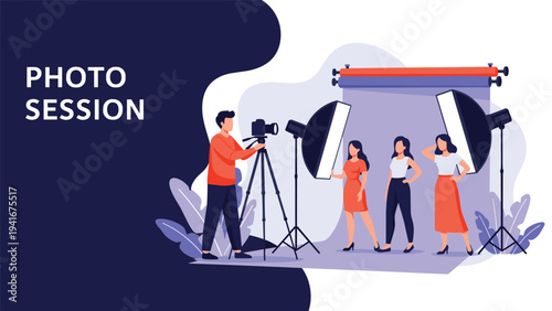 Photographer conducting a "PHOTO SESSION" with female models in a studio setting, using professional lighting equipment, representing commercial photography and fashion shoots.