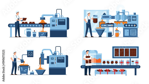 Four illustrations depicting different stages of chocolate production, from mixing ingredients to packaging finished bars, showing industrial food manufacturing.
