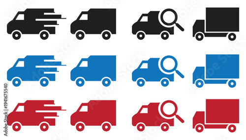 Set of colorful flat design delivery trucks and vans vector icons isolated on white background