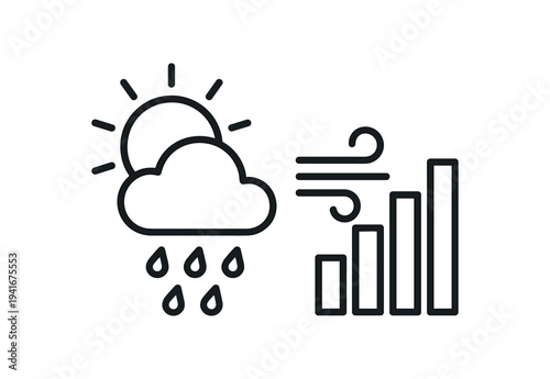 Line icons of partly sunny cloud with raindrops, wind lines, and an ascending bar graph to suggest weather conditions, wind strength, rainfall trends, or climate data visualization.
