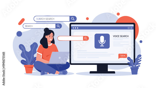 Woman using a laptop for web search, with multiple search bars and a voice search interface on a large monitor, highlighting digital information and modern technology.