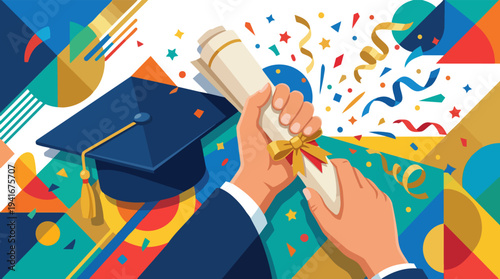 Hand holding diploma with graduation cap nearby.