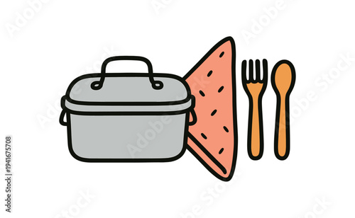Clean flat icons of a lunch container, folded napkin, fork and spoon in warm colors for meal prep, packed lunch, or picnic designs.