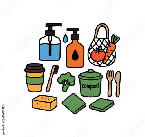 Collection of colorful icons including soap dispensers, shopping bag, reusable cup, toothbrush, compost bin, utensils and sponge for eco lifestyle design