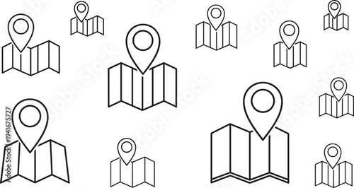 Map Location Pin with Folded Map Icon Set for GPS Navigation, Travel Destination Finder, Route Planning, and Geographic Interface Design