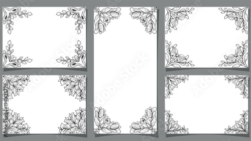 Set of elegant black and white botanical frame designs with intricate leaves and branches, ideal for invitations, stationery, or decorative borders.