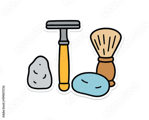 Simple colorful sticker-style illustration of a yellow-handled razor, shaving brush, and two soap stones for grooming and bathroom use.