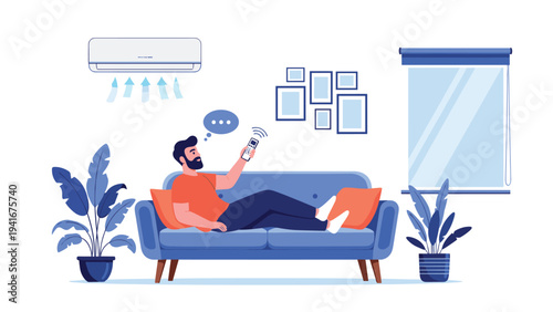 Bearded man relaxes comfortably on a blue sofa, operating the air conditioner with a remote control to enjoy a cool and pleasant indoor environment.