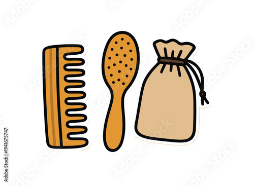 Cartoon-style trio of a comb, a hair brush, and a small fabric pouch arranged as a simple grooming or travel hair care set.