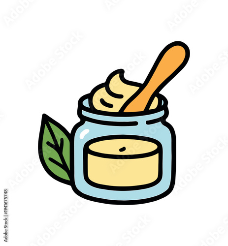 Cute jar of cream with a wooden spatula and green leaf, drawn in a sticker-like colorful style for skincare or cosmetic designs.