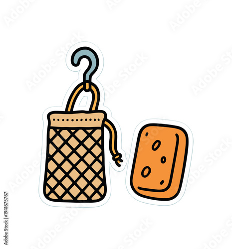 A netted mesh soap pouch on a hook next to a rectangular sponge, suggesting exfoliation, soap storage and eco-friendly shower accessories.