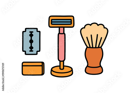 A set of shaving tools including a double-edged blade, a bar of soap, a standing safety razor and a shaving brush in bright simple colors for grooming and bathroom use.