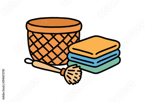 A woven basket next to three folded towels in orange, blue, and green with a wooden-handled scrub brush — laundry and cleaning supply artwork.