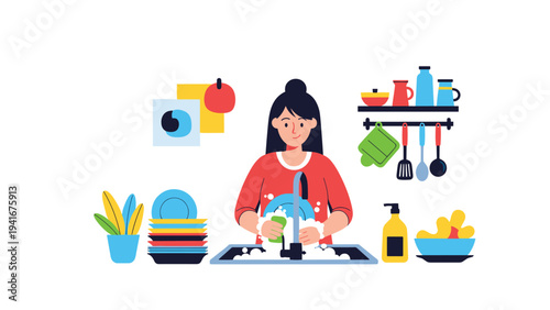 Cheerful woman diligently washes dishes at a bright kitchen sink, surrounded by various clean utensils and household items.