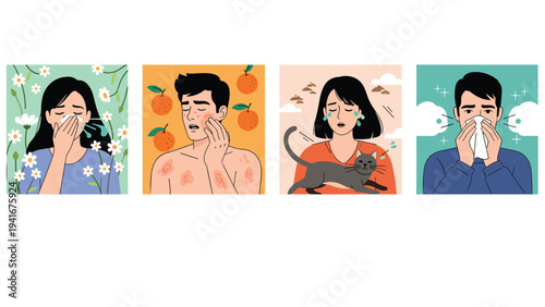Set of four distinct illustrations showcasing various common allergic reactions, including hay fever, food allergies, pet allergies, and dust sensitivities.
