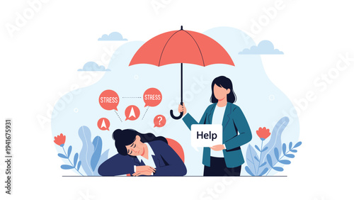 Compassionate woman offers comfort and help, shielding a highly stressed individual collapsed at a desk under an umbrella of support.