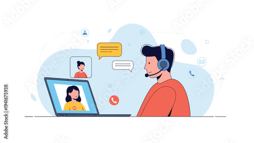 Man with a headset actively participates in an online video call on his laptop, facilitating virtual communication and remote customer support.