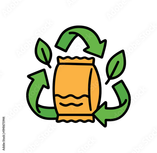 A bright icon showing a wrapped package encircled by three green recycling arrows and leaves, representing recyclable or compostable packaging