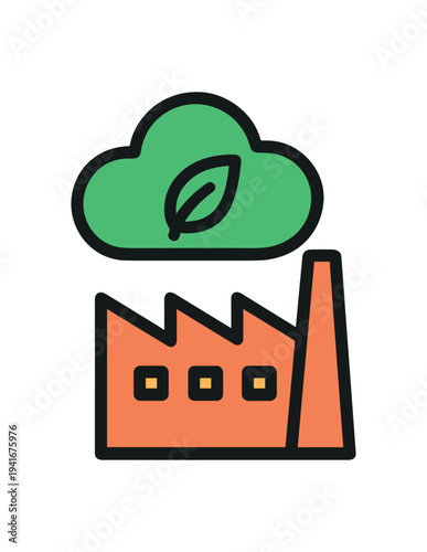 Simple factory silhouette in orange with a green cloud containing a leaf above the chimney, symbolizing clean manufacturing and environmentally friendly industry.