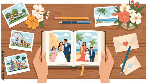 Hands gently hold a cherished photo album open to wedding and family vacation pictures, surrounded by nostalgic memories and floral decor.