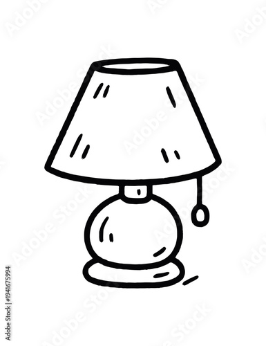 A casual black line sketch of a table lamp with a rounded base, tapered shade, and pull cord, ideal for home decor illustrations, interior design mockups, or cozy lighting graphics.