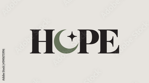 A logo with the word HOPE and a crescent moon symbol on a beige background
