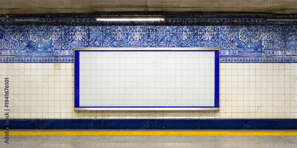 Obraz premium Subway station wall features ornate blue tilework, blank white rectangular sign, yellow platform edge. Dark tunnel surrounds scene.