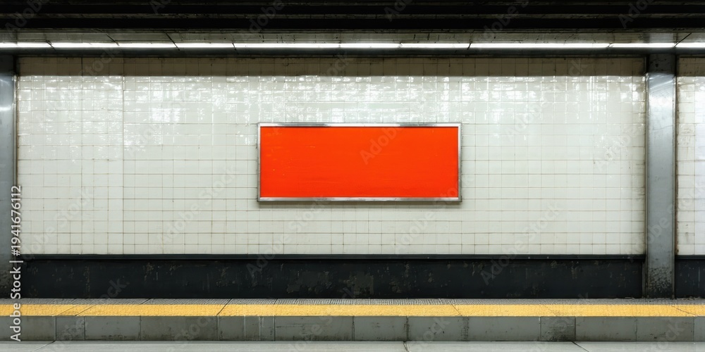 Fototapeta premium Subway station wall features red rectangle. White tiles, dim lighting, platform visible. Minimalist composition, urban setting.