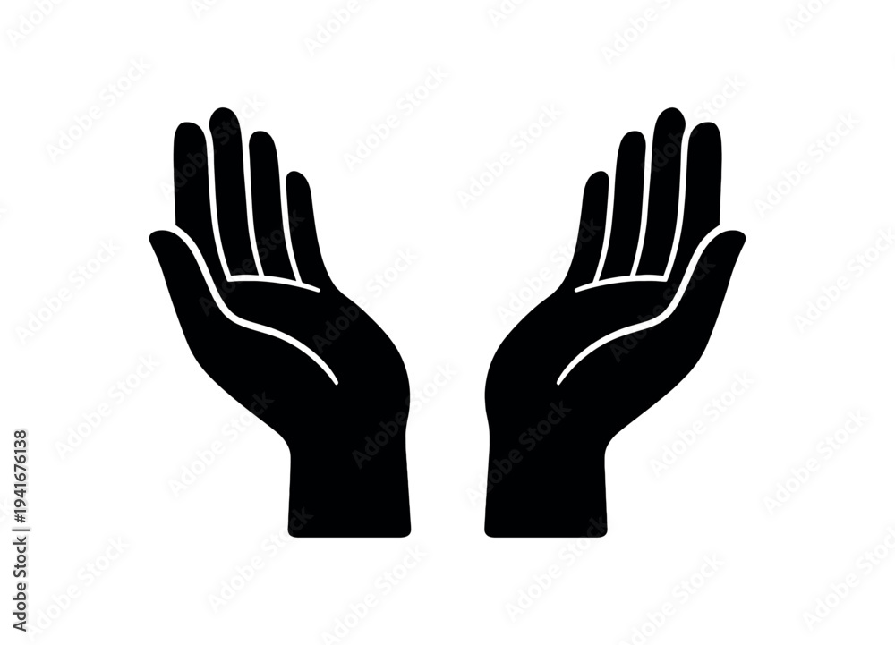 Fototapeta premium Simple black silhouette of two hands held palms up, a symbol for care, offering, or prayer.