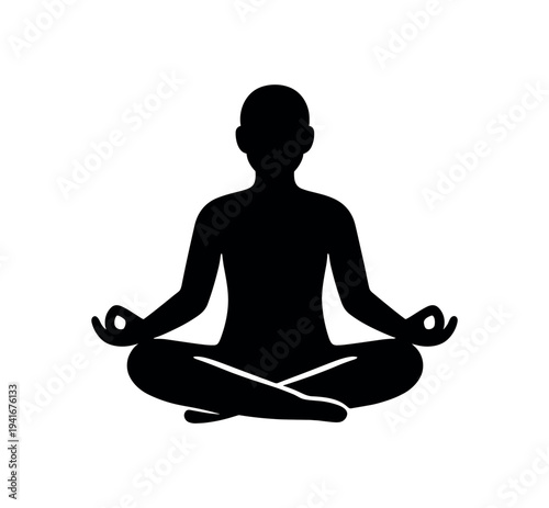 A black silhouette of a person seated in lotus pose with hands in mudra on a white background, suited for meditation, yoga, wellness apps, and calming design layouts.