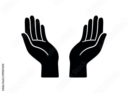 Simple black silhouette of two hands held palms up, a symbol for care, offering, or prayer.