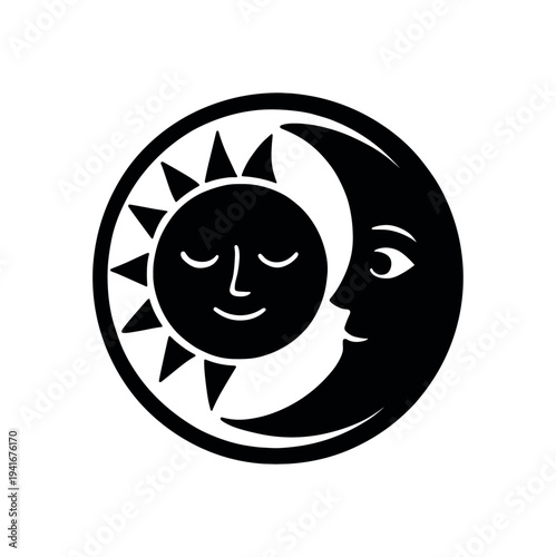Black circle containing a smiling sun and a crescent moon face arranged like a yin yang symbol.