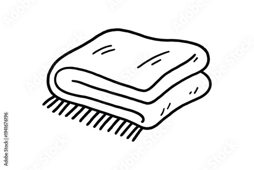 A hand-drawn black line sketch of a folded blanket or throw with fringe shown in a simple doodle style.