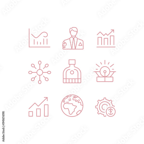 Set of thin line business and financial icons for marketing, global growth, and data analysis.