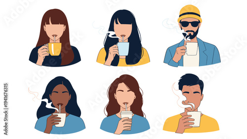 Diverse group of six faceless individuals enjoying hot beverages, holding steaming mugs and cups, representing a shared moment of warmth and comfort.