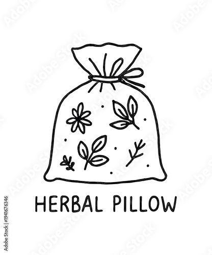 Hand-drawn line art of a tied herbal pillow sachet decorated with leaves and a flower, styled for wellness packaging, labels, or product icons.