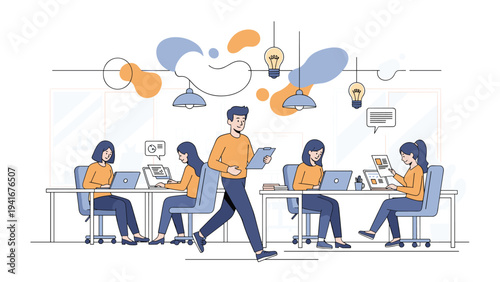 Dynamic manager walks through a modern open-plan office, where a team of women diligently work on laptops, fostering productivity and innovation.