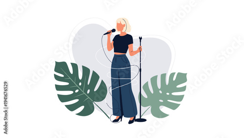 Confident female singer performs passionately with a microphone on a stand, captivating her audience against a stylish backdrop of tropical leaves.