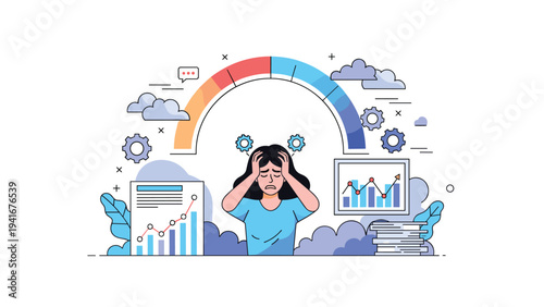 Overwhelmed woman holds her head in distress, surrounded by graphs and performance metrics, vividly depicting work burnout and chronic stress.