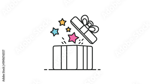 Simple line icon illustrates an open gift box with vibrant stars bursting out, symbolizing a delightful surprise, special present, or exciting offer.
