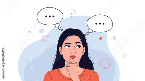 Thoughtful woman stands contemplating with multiple thought bubbles above her head, symbolizing important choices, doubts, and the complexities of decision-making.