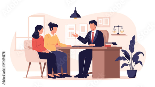 Couple consults with a knowledgeable male lawyer or financial advisor in a professional office, discussing important legal documents and seeking expert advice.